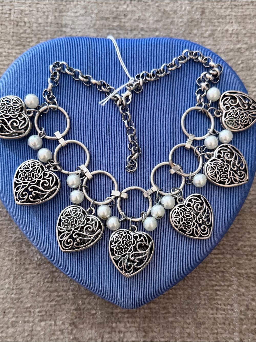 Silver Heart Charm Necklace with White Beads